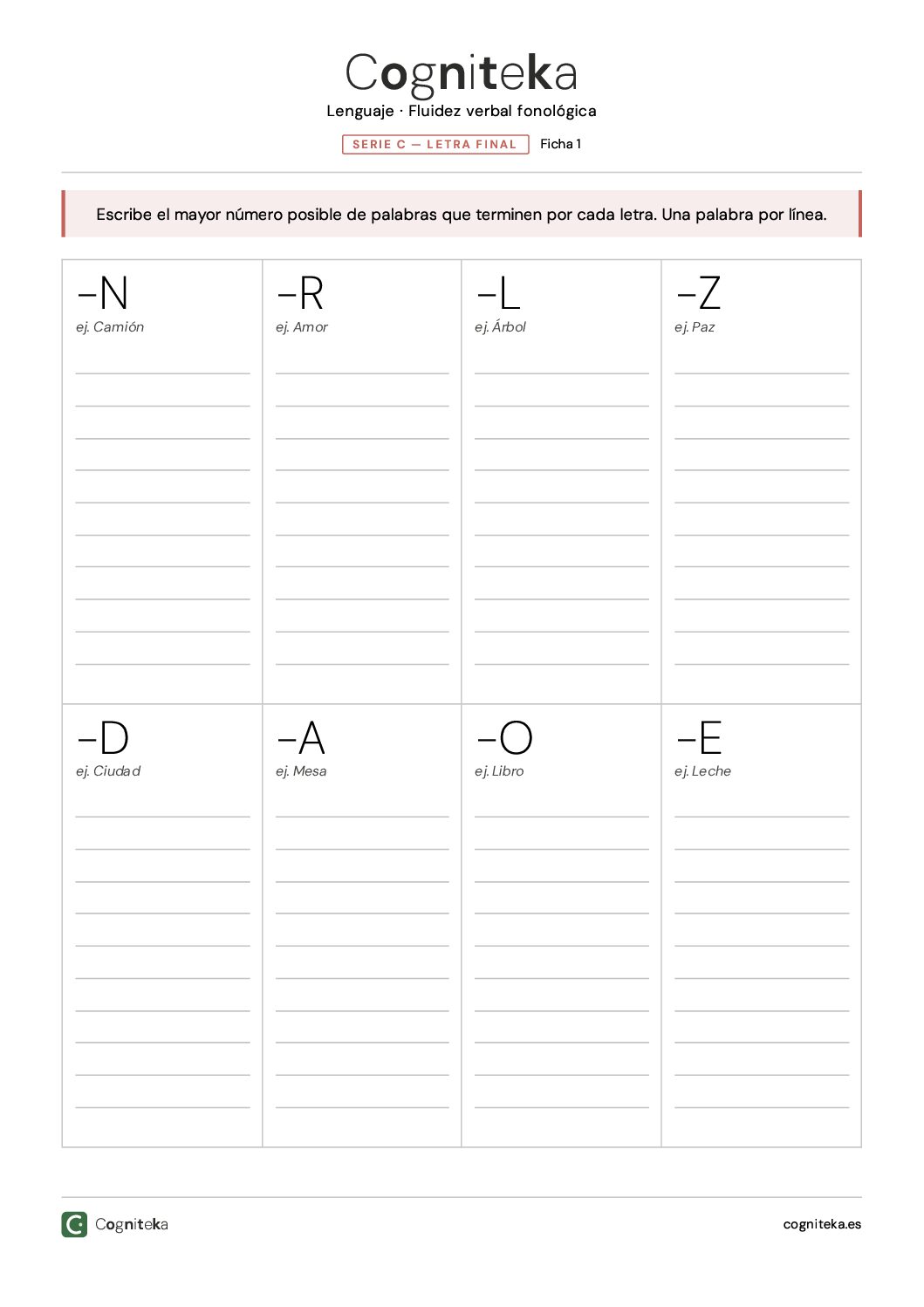 Fichas Fluidez Fonológica Letra Final · 2 Niveles