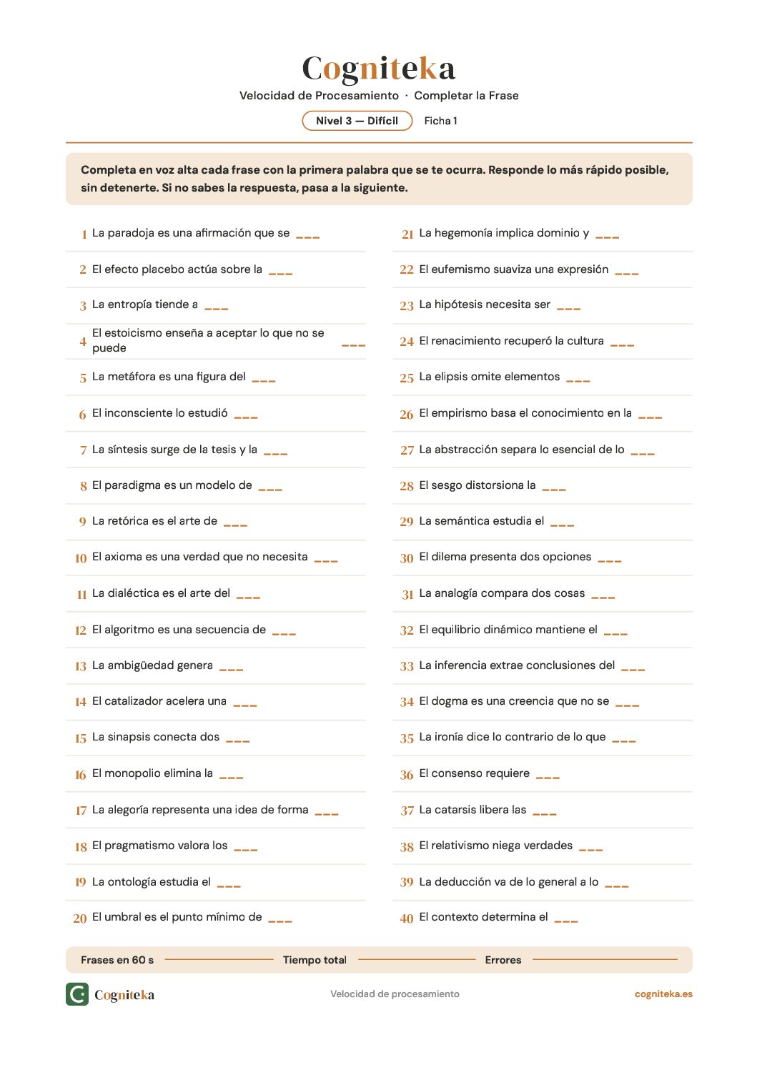 Completar la Frase Nivel Difícil | Cogniteka