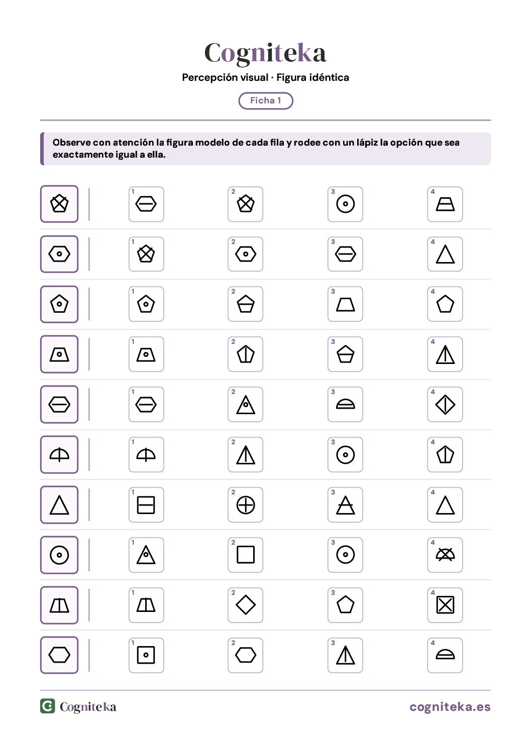 Ficha de discriminación visual: figura modelo y opciones para rodear la idéntica, rehabilitación del daño cerebral