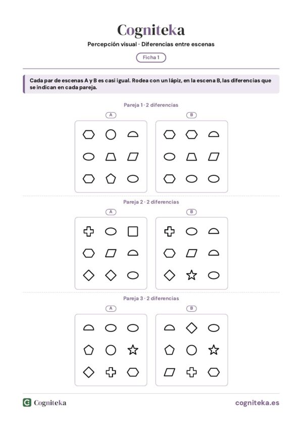 Ficha para encontrar diferencias entre dos escenas: dos cuadros de figuras casi iguales para rodear las diferencias, rehabilitación del daño cerebral