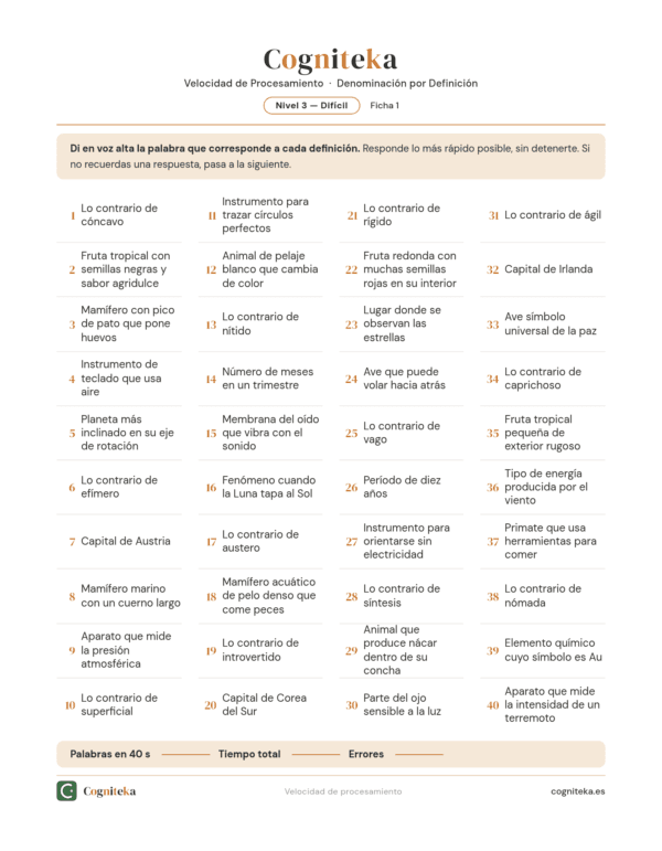Fichas de Denominación por Definición — Velocidad de Procesamiento — Nivel Difícil