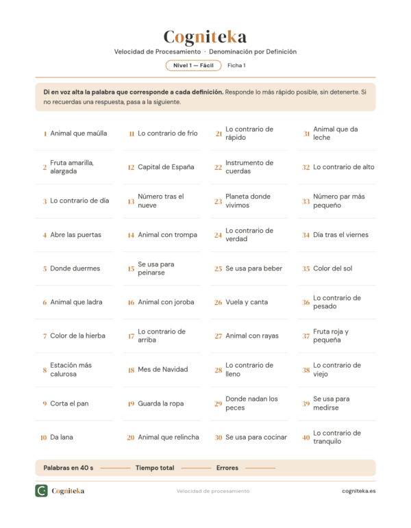Fichas de Denominación por Definición — Velocidad de Procesamiento — Nivel Fácil