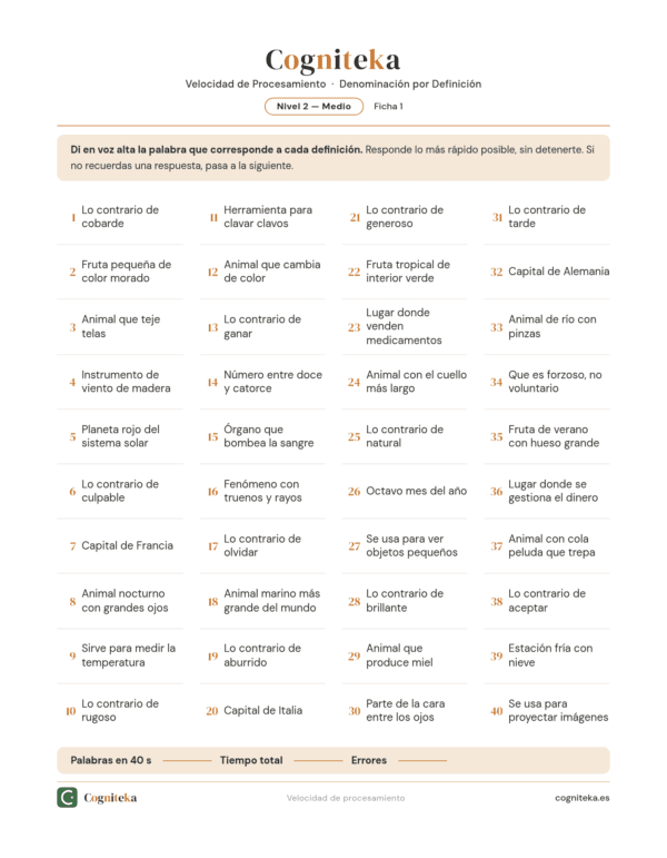 Fichas de Denominación por Definición — Velocidad de Procesamiento — Nivel Medio