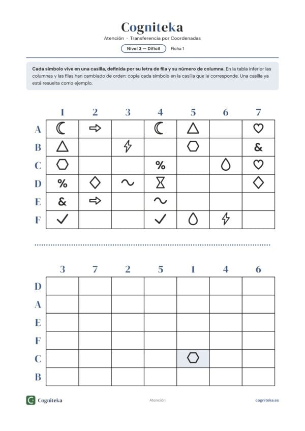 Ficha de atención para imprimir: matriz de 7 columnas con símbolos geométricos y de teclado para transferir por coordenadas, estimulación cognitiva de adultos