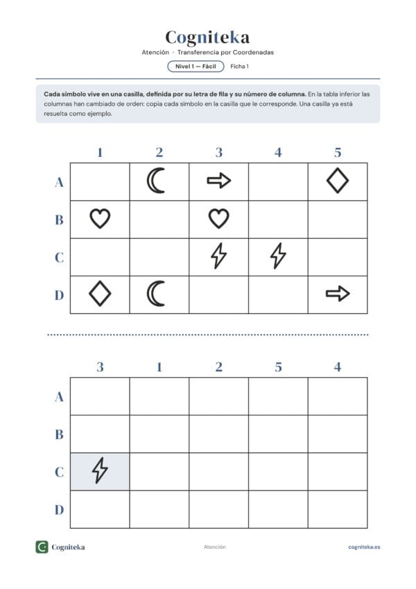 Ficha de ejercicios de atención para adultos: tabla de símbolos con coordenadas letra-número para copiar en la cuadrícula inferior, rehabilitación del daño cerebral