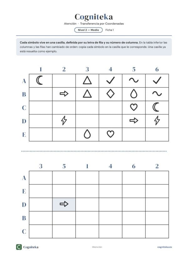 Ficha de ejercicios de atención alternante: tabla de símbolos con filas y columnas barajadas para copiar por coordenadas, neuropsicología del daño cerebral