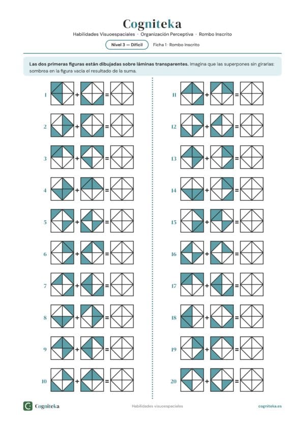 Ficha de percepción visual para imprimir: sumar dos láminas transparentes que se solapan, estimulación cognitiva de adultos