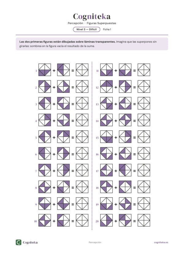 Ficha de percepción de figuras superpuestas para neuropsicología del daño cerebral, nivel difícil, imprimible en A4