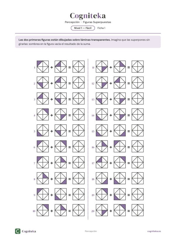 Ficha de suma de figuras para estimulación cognitiva en daño cerebral adquirido, nivel fácil, imprimible en A4