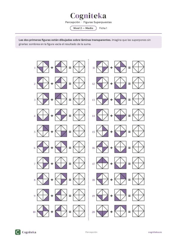 Ficha de suma perceptiva para rehabilitación del daño cerebral y el ictus, nivel medio, imprimible en A4