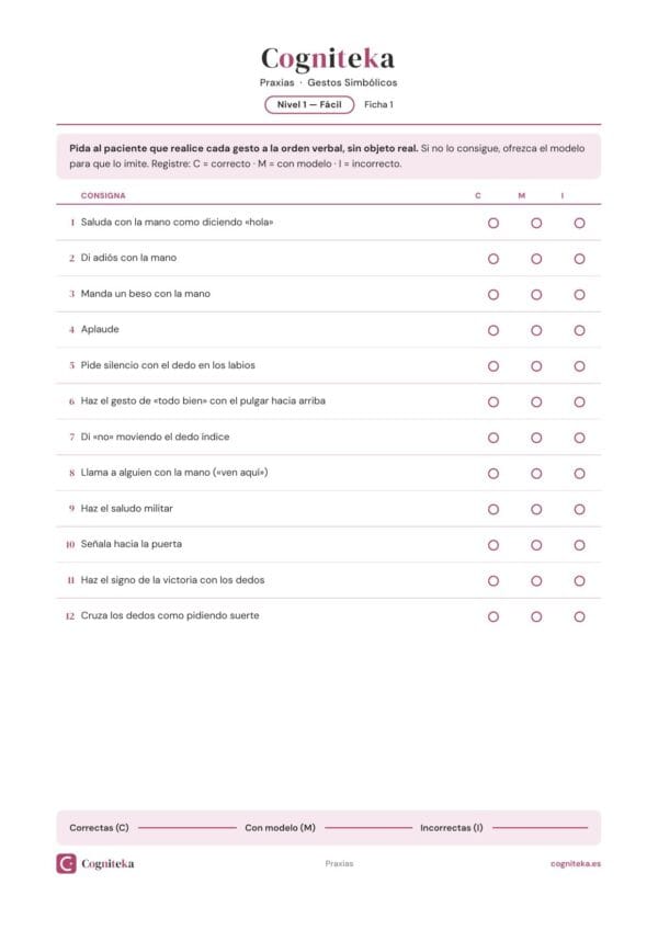 Ficha de ejercicios de praxias para adultos: gestos simbólicos a la orden verbal con hoja de registro, rehabilitación del daño cerebral
