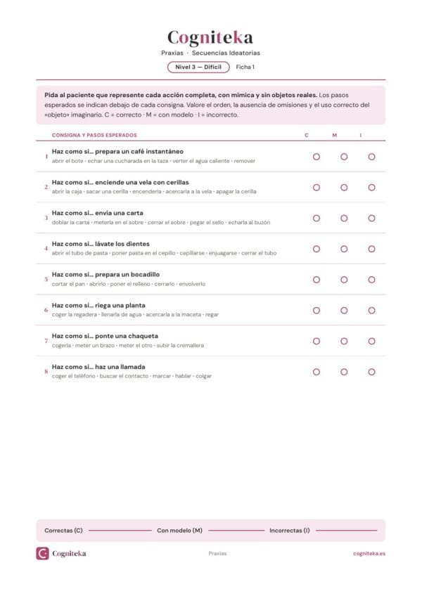 Ficha de ejercicios de apraxia: secuencias ideatorias de acciones multi-paso con mímica y pasos esperados, estimulación cognitiva de adultos