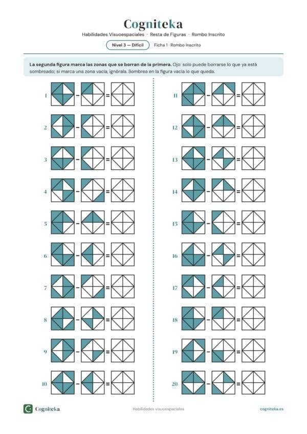 Ficha de ejercicios visuoperceptivos para adultos: resta de figuras con ítems trampa donde la segunda marca zonas vacías, estimulación cognitiva