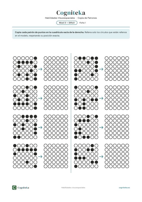 Ficha de ejercicios de visuoconstrucción: patrones de puntos en cuadrícula de 6×6 para copiar al lado, estimulación cognitiva de adultos