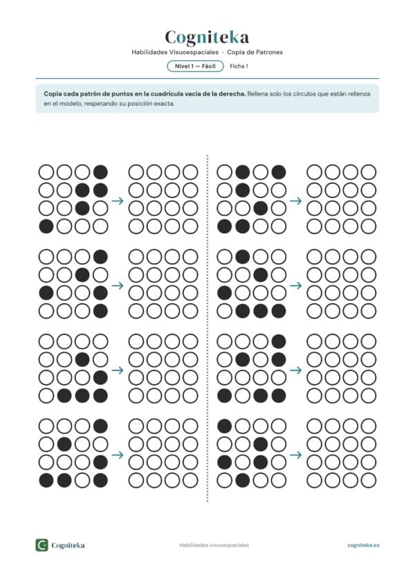 Ficha de ejercicios visuoespaciales para adultos: patrones de puntos en cuadrícula de 4×4 para copiar al lado, rehabilitación del daño cerebral