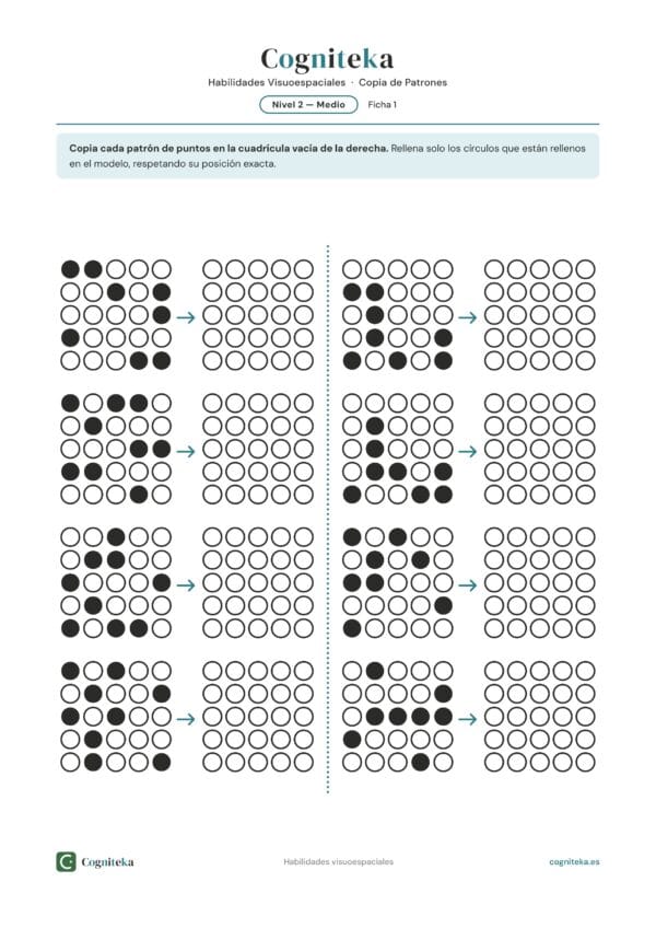 Ficha visuoespacial para imprimir: patrones de puntos en cuadrícula de 5×5 para copiar al lado, neuropsicología del daño cerebral