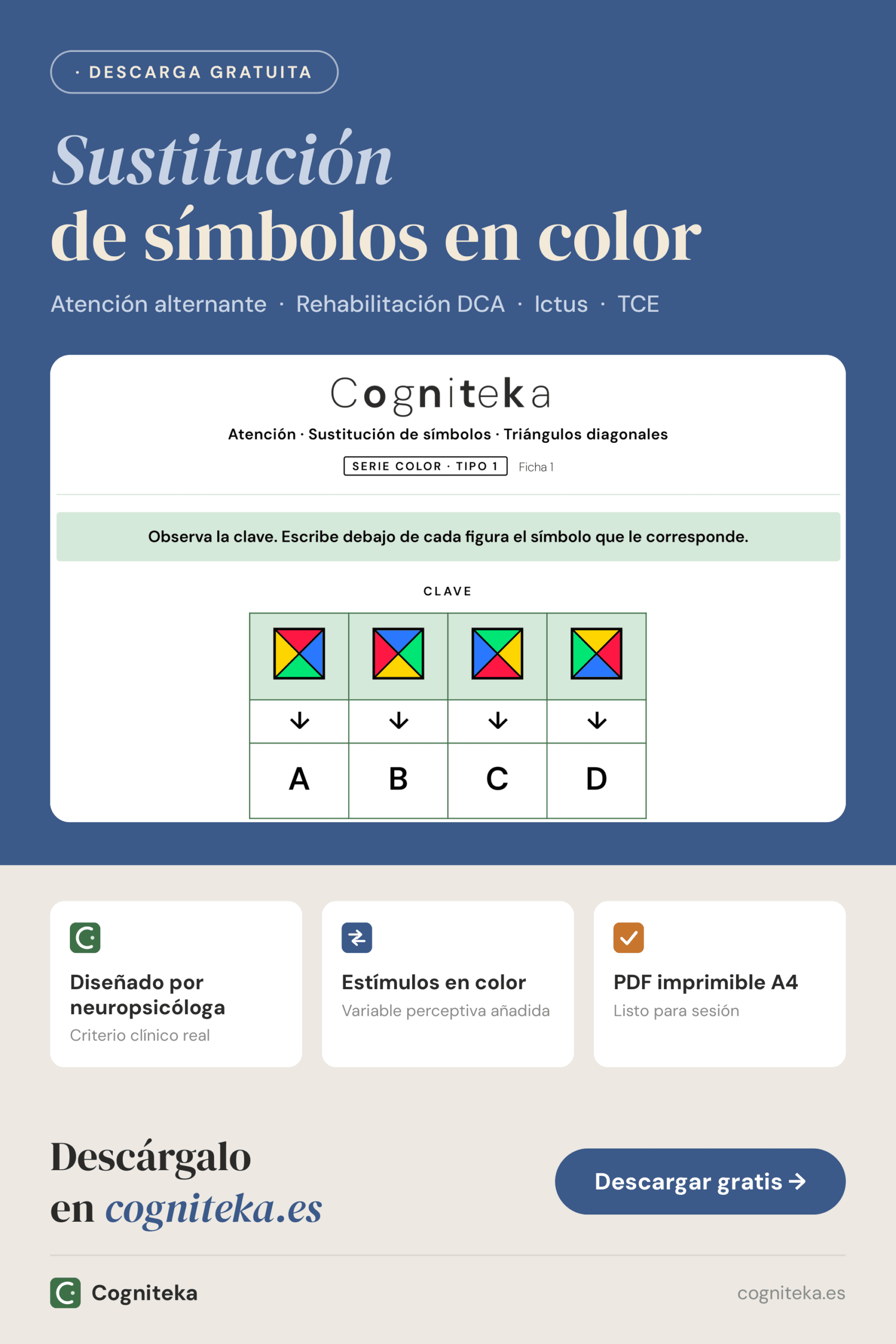 Fichas de sustitución de símbolos en color para atención alternante tras ictus o TCE, descarga gratuita en Cogniteka
