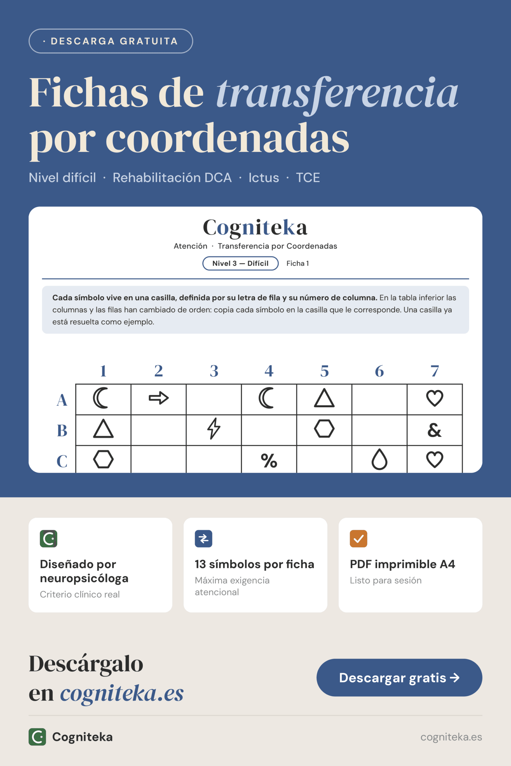 Fichas de transferencia por coordenadas nivel difícil, fichas de atención para imprimir con símbolos y caracteres de teclado, descarga gratuita en Cogniteka