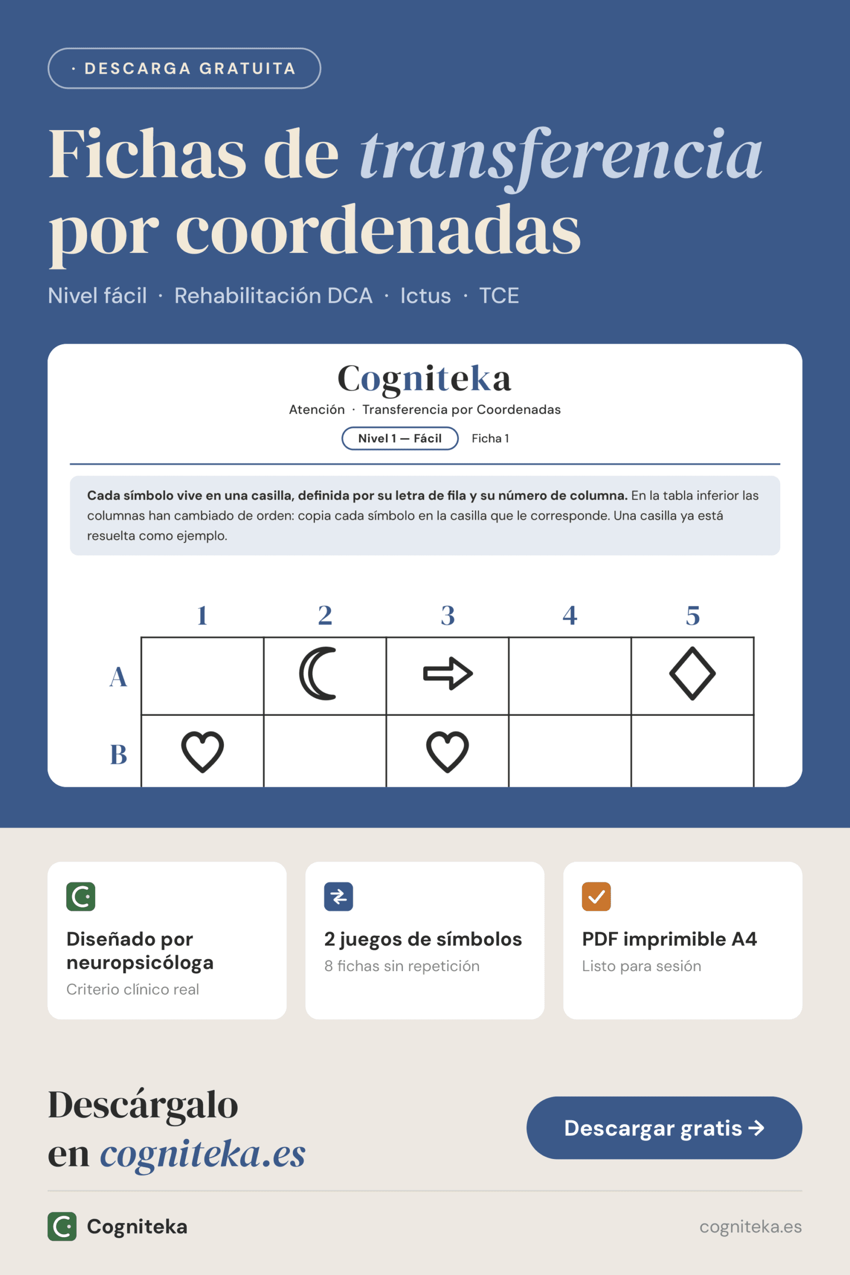 Fichas de transferencia por coordenadas nivel fácil, ejercicios de atención para adultos con daño cerebral, descarga gratuita en Cogniteka