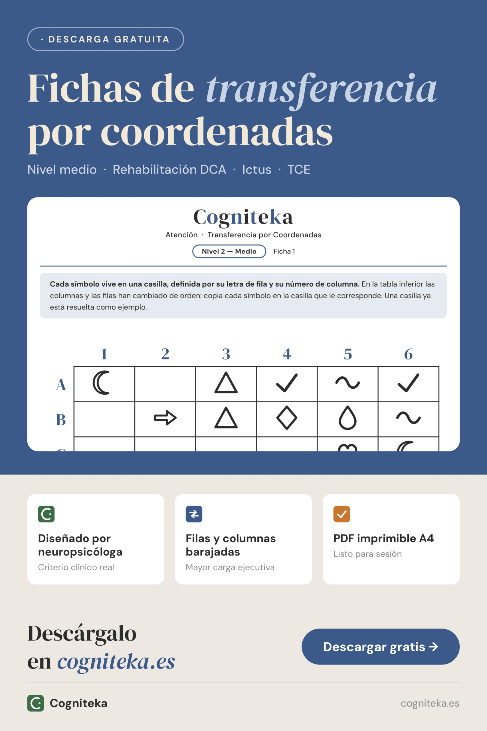 Fichas de transferencia por coordenadas nivel medio, ejercicios de atención alternante para rehabilitación tras ictus o TCE, descarga gratuita en Cogniteka