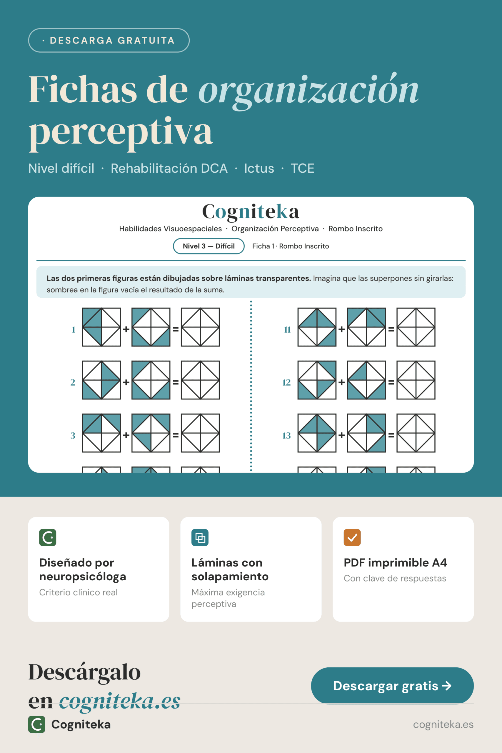 Fichas de percepción visual para imprimir nivel difícil, superposición de figuras con solapamiento para adultos con daño cerebral, descarga gratuita en Cogniteka