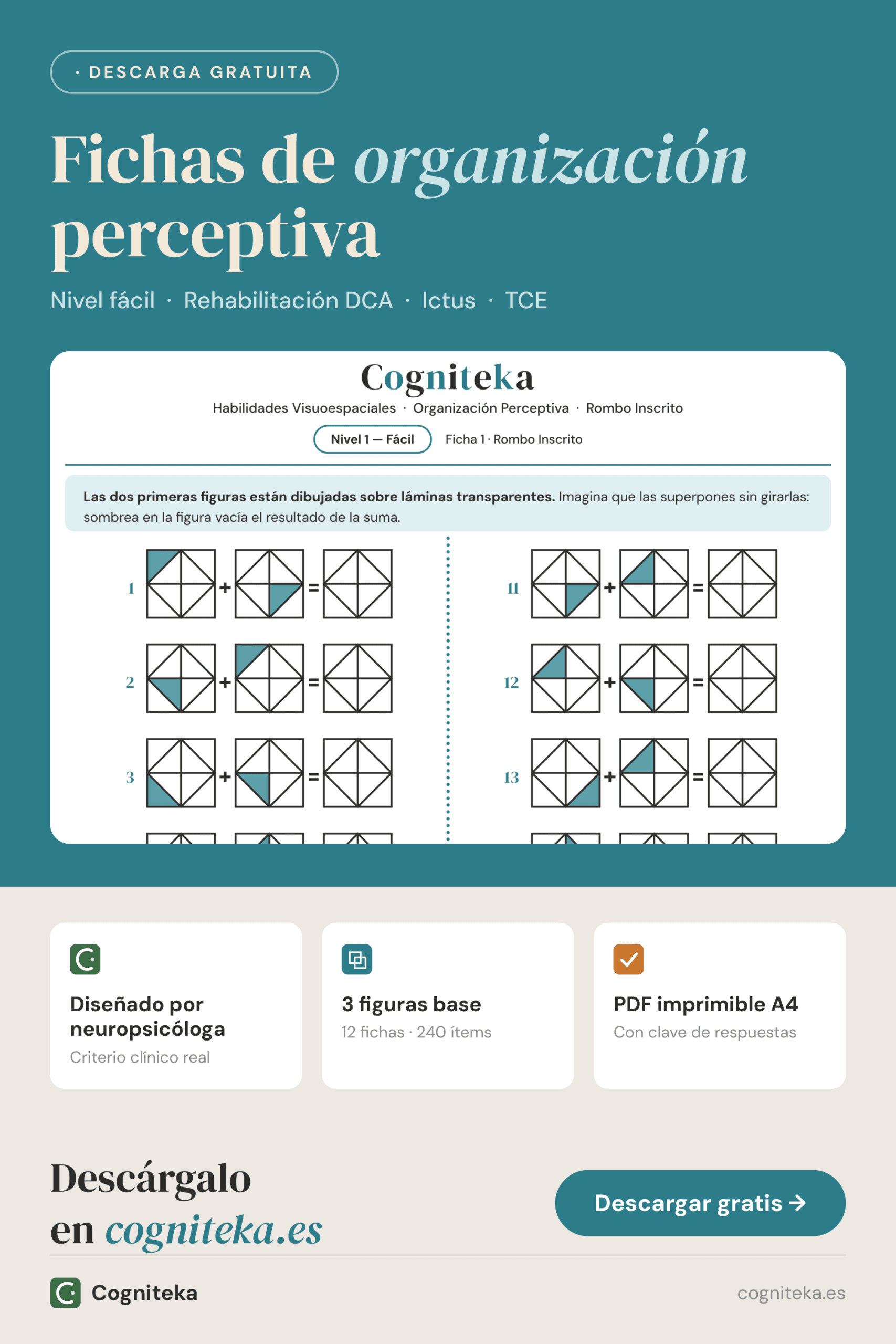 Fichas de organización perceptiva nivel fácil, ejercicios de superposición de figuras para adultos con daño cerebral, descarga gratuita en Cogniteka