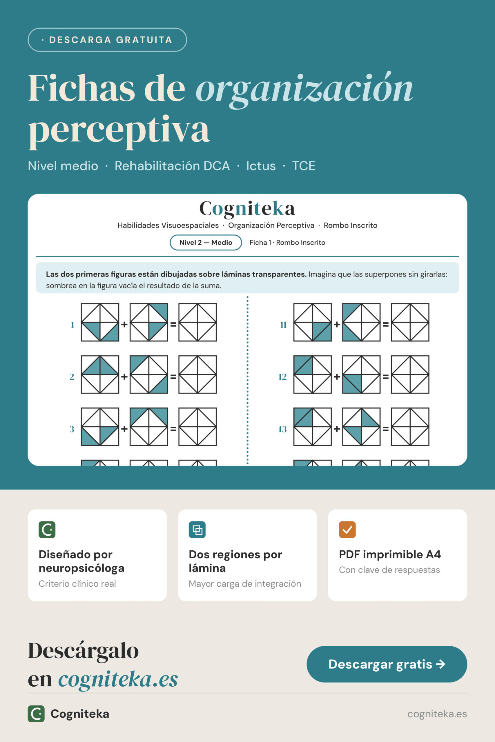 Fichas de integración visuoespacial para adultos nivel medio, superposición de figuras en rehabilitación tras ictus o TCE, descarga gratuita en Cogniteka