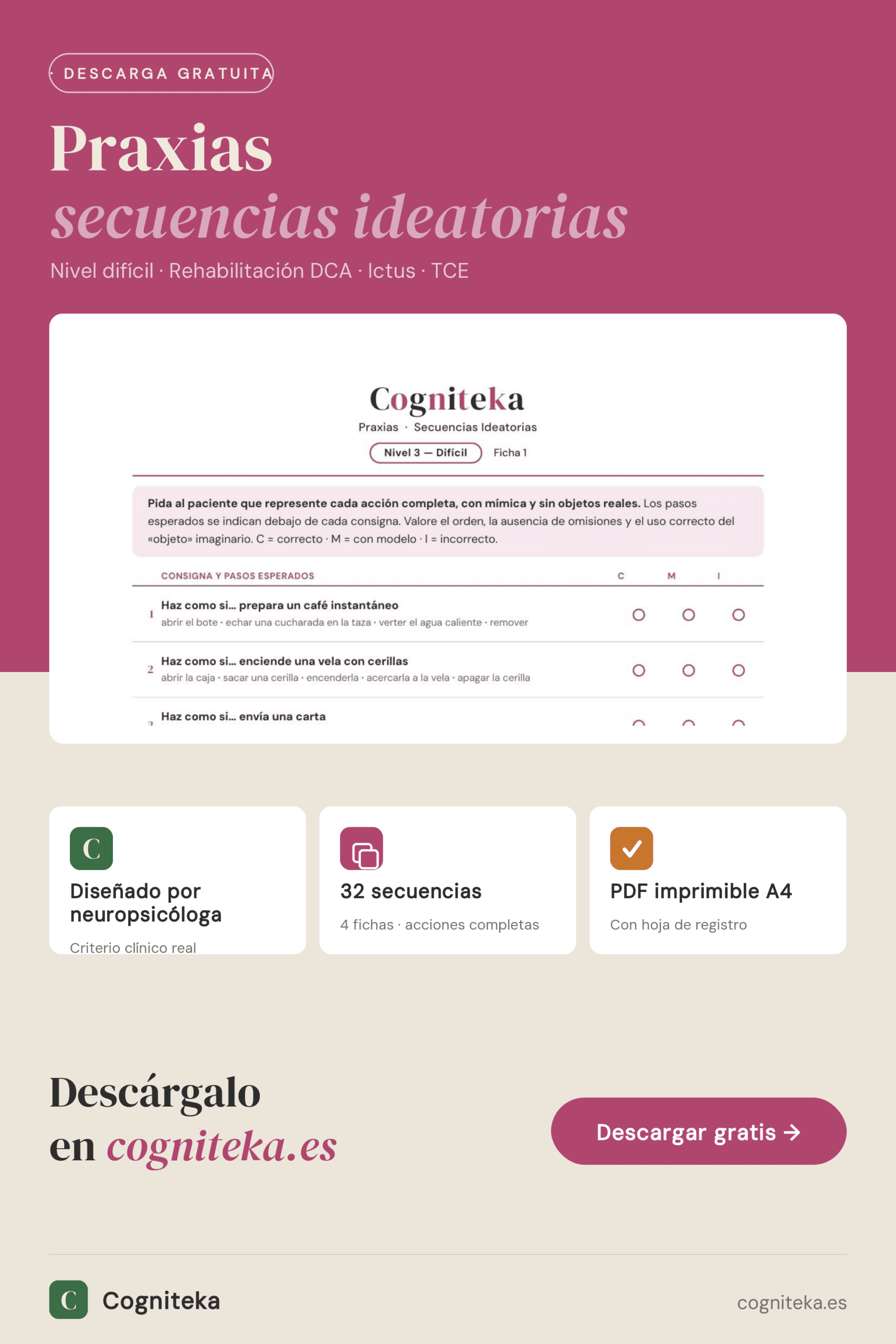 Fichas de praxias nivel difícil, ejercicios de apraxia ideatoria con secuencias de acciones para adultos con daño cerebral, descarga gratuita en Cogniteka