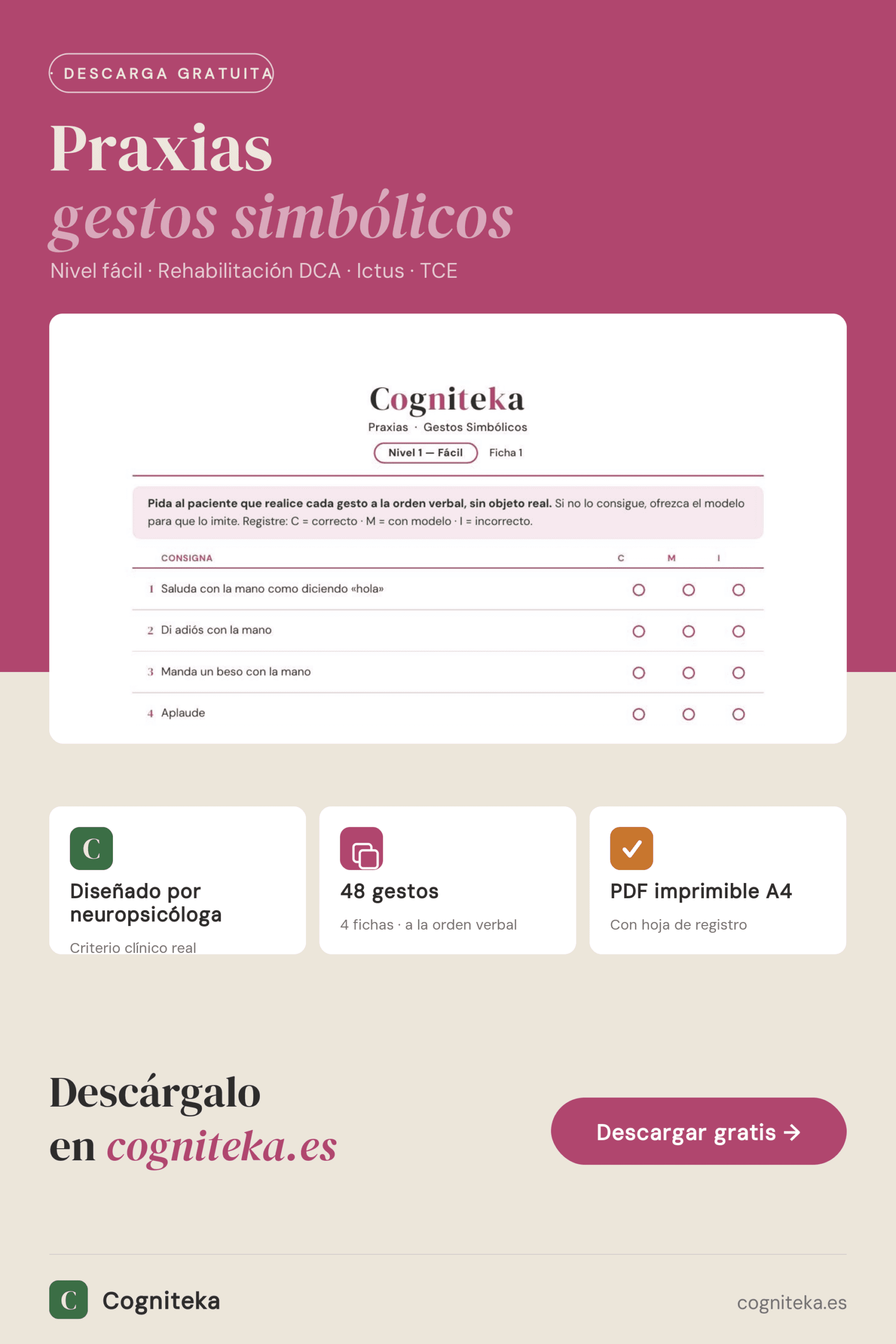 Fichas de praxias gestuales nivel fácil, ejercicios de praxias para adultos con daño cerebral, gestos simbólicos, descarga gratuita en Cogniteka