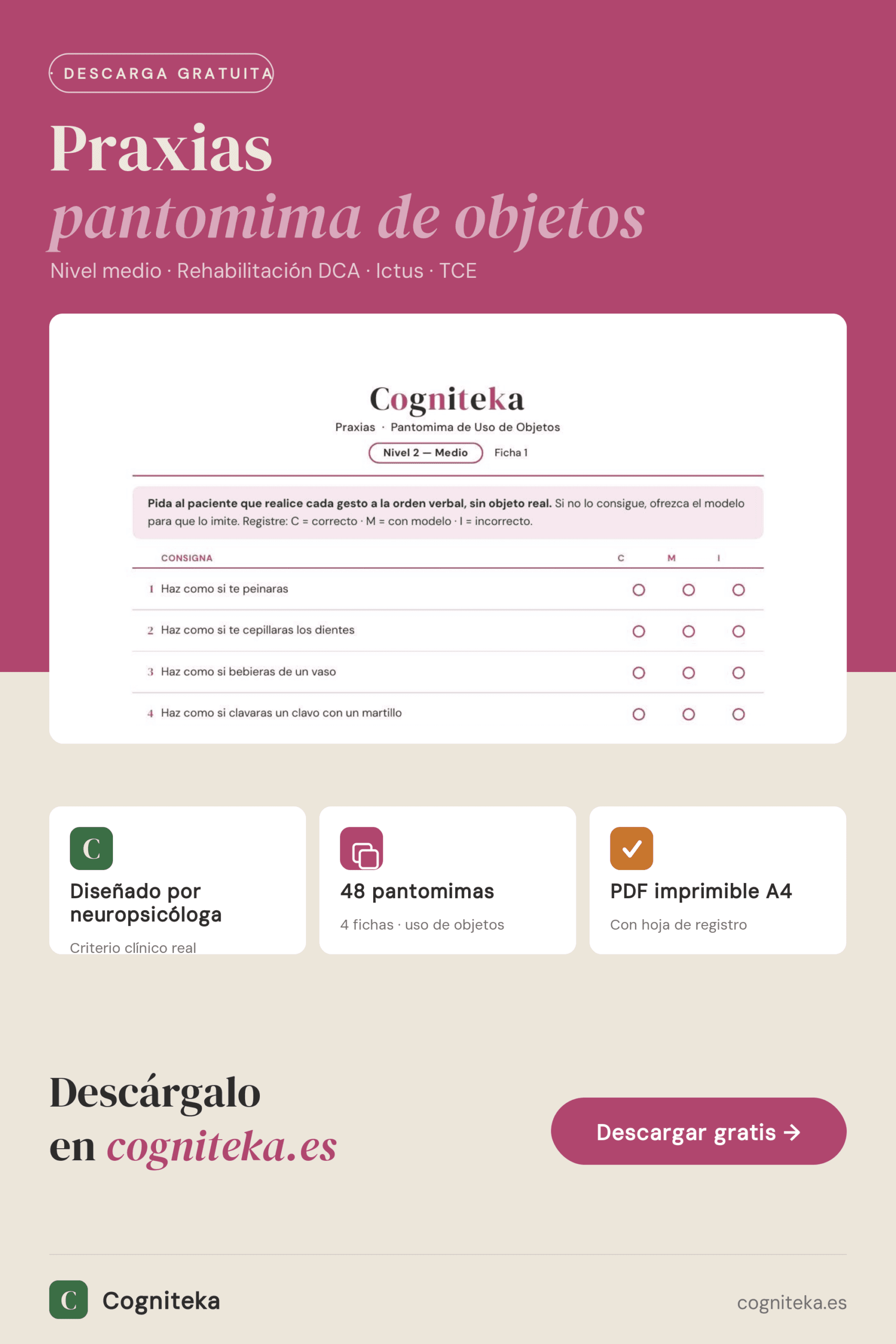 Fichas de praxias para imprimir nivel medio, pantomima de uso de objetos en rehabilitación tras ictus o TCE, descarga gratuita en Cogniteka