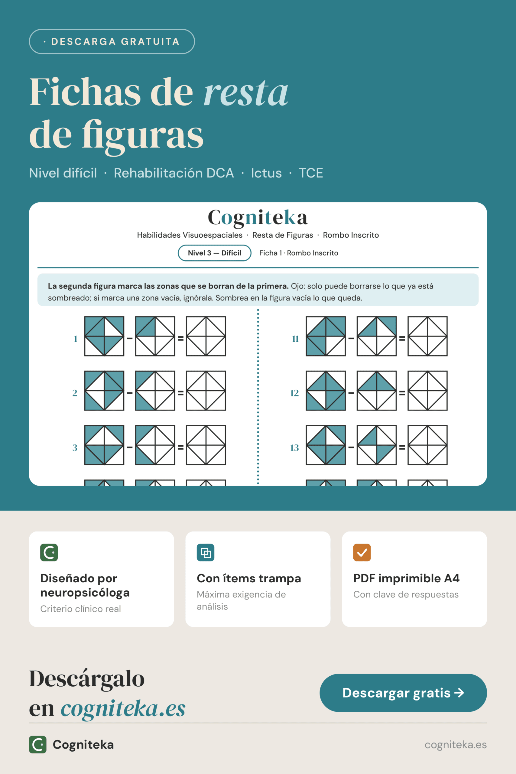 Fichas de resta de figuras nivel difícil, ejercicios visuoperceptivos para adultos con ítems trampa, descarga gratuita en Cogniteka