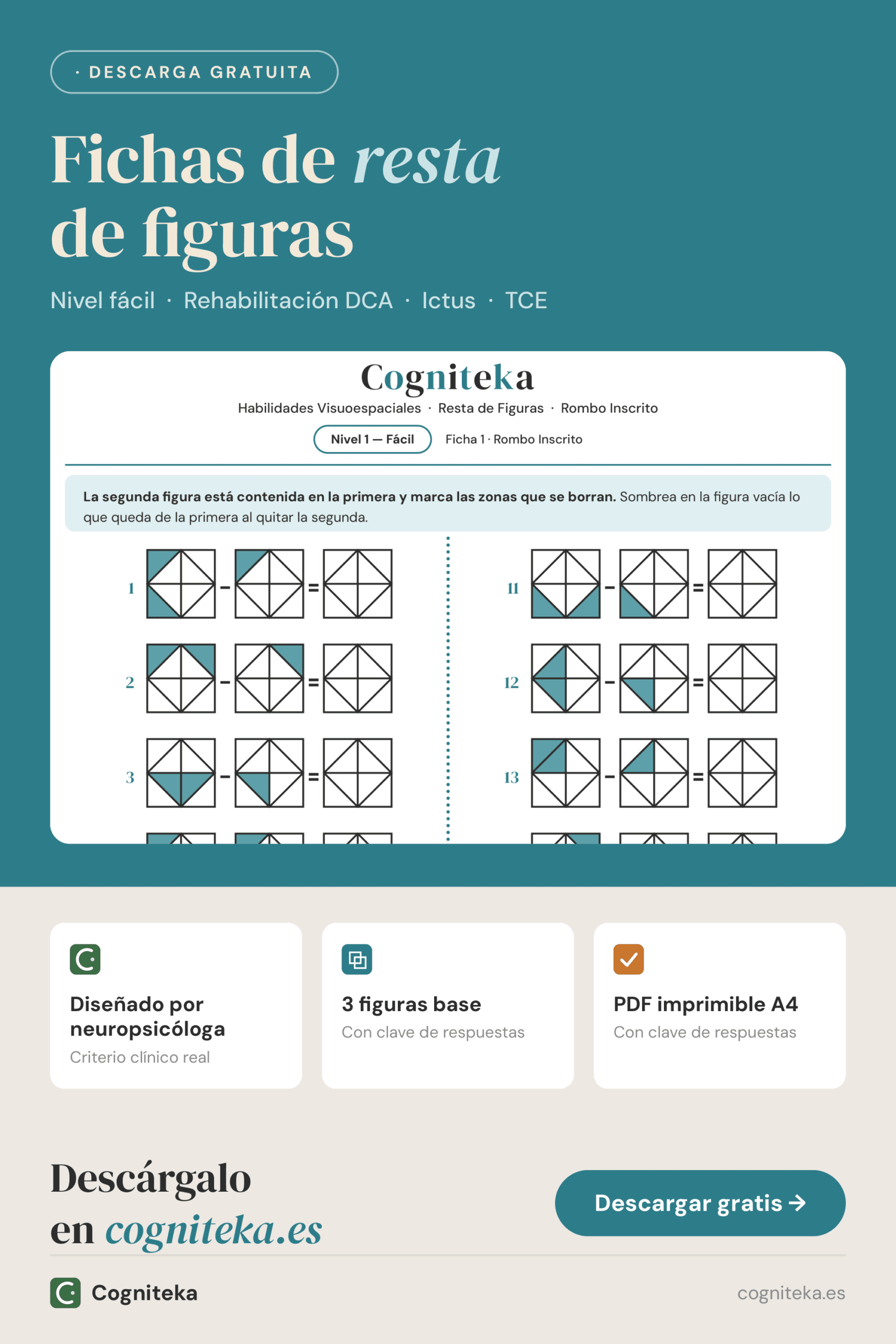 Fichas de resta de figuras nivel fácil, ejercicios de sustracción de figuras para adultos con daño cerebral, descarga gratuita en Cogniteka
