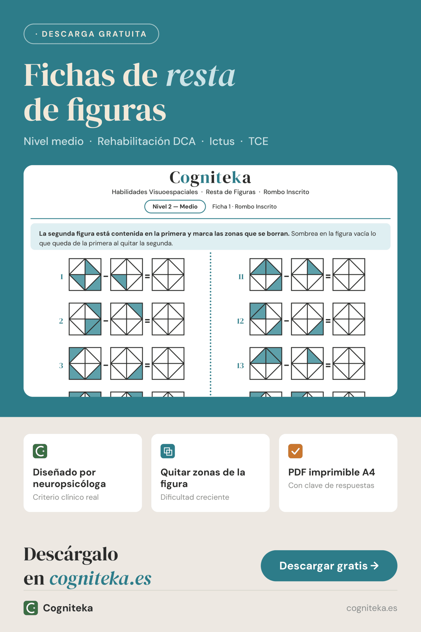Fichas de resta de figuras para imprimir nivel medio, sustracción de láminas en rehabilitación tras ictus o TCE, descarga gratuita en Cogniteka