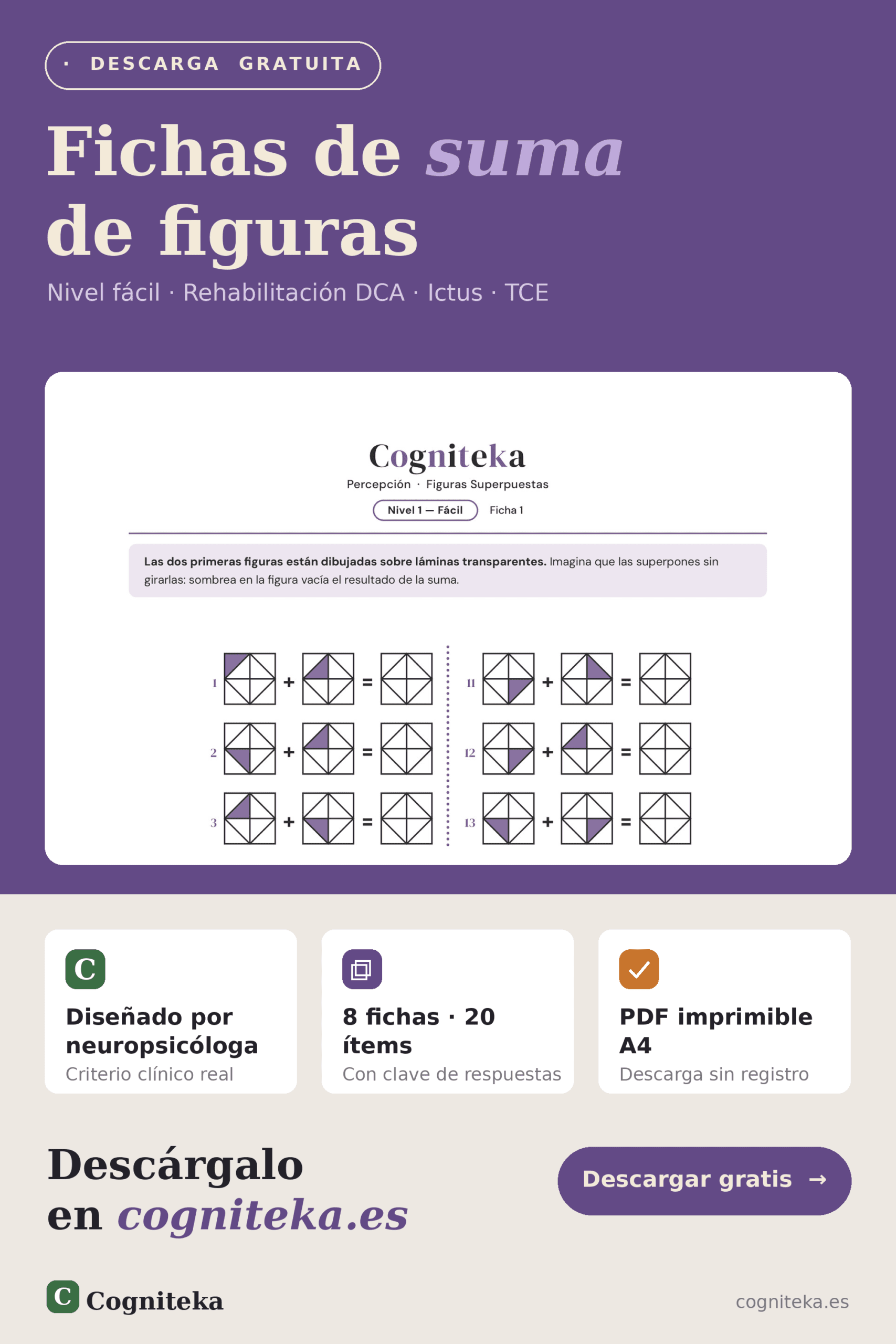 Pin de suma de figuras: ejercicio de percepción visual imprimible para rehabilitación del daño cerebral, nivel fácil