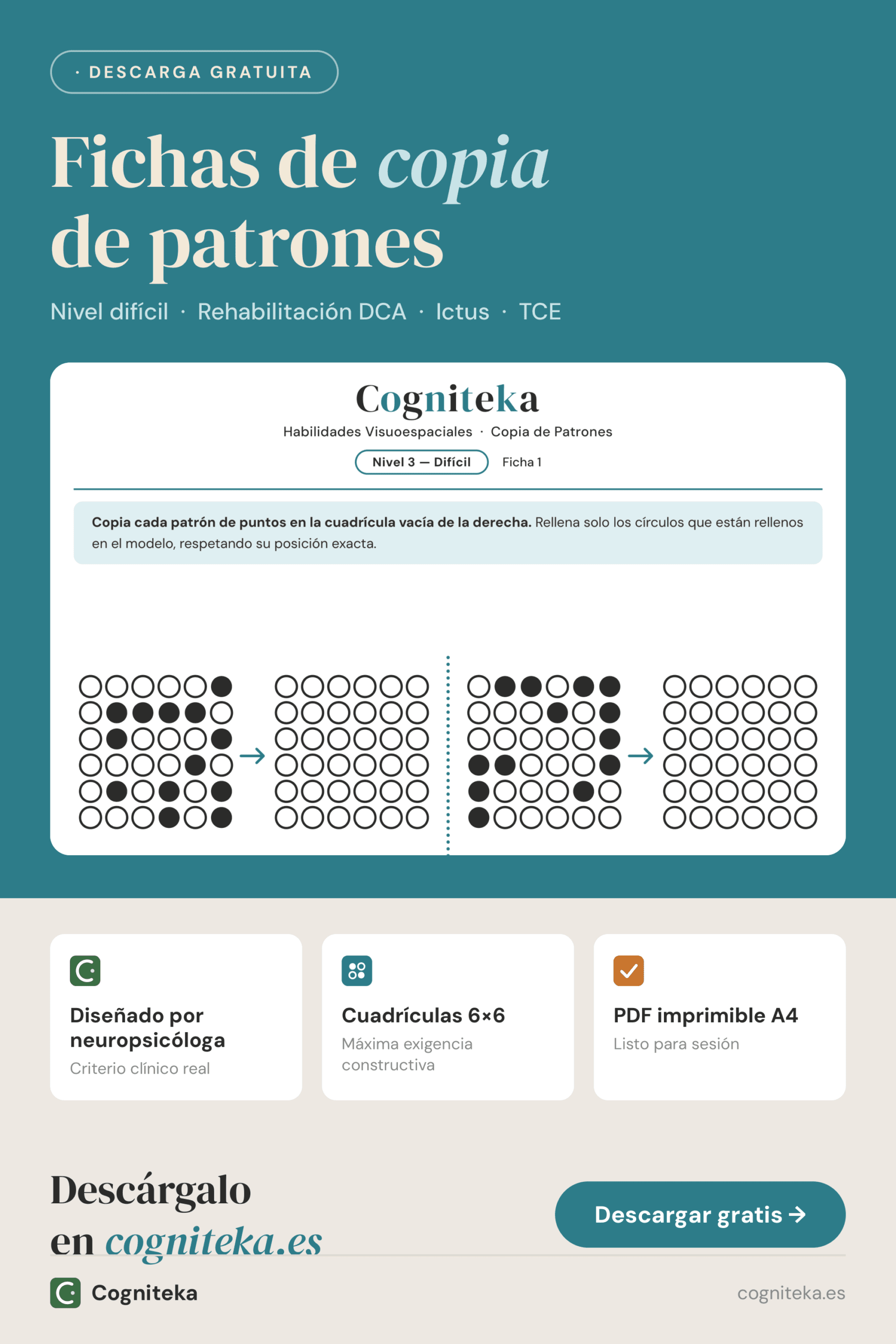 Fichas de copia de patrones nivel difícil, ejercicios de visuoconstrucción para adultos con daño cerebral, descarga gratuita en Cogniteka