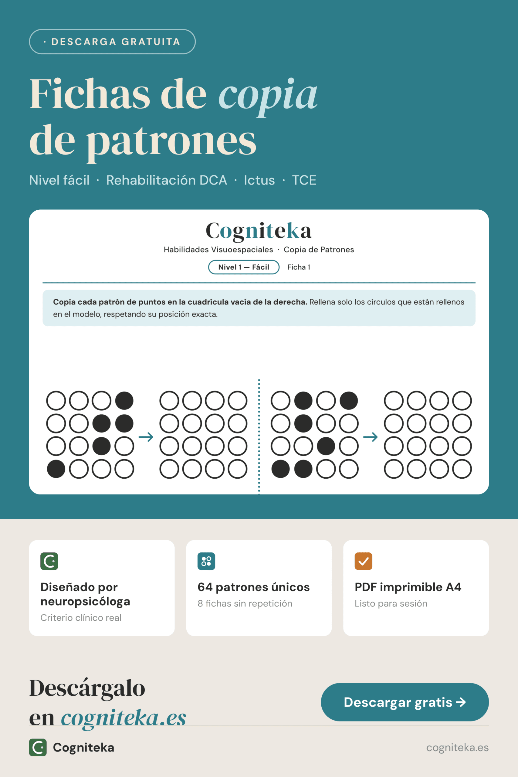 Fichas de copia de patrones nivel fácil, ejercicios visuoespaciales para adultos con daño cerebral, descarga gratuita en Cogniteka
