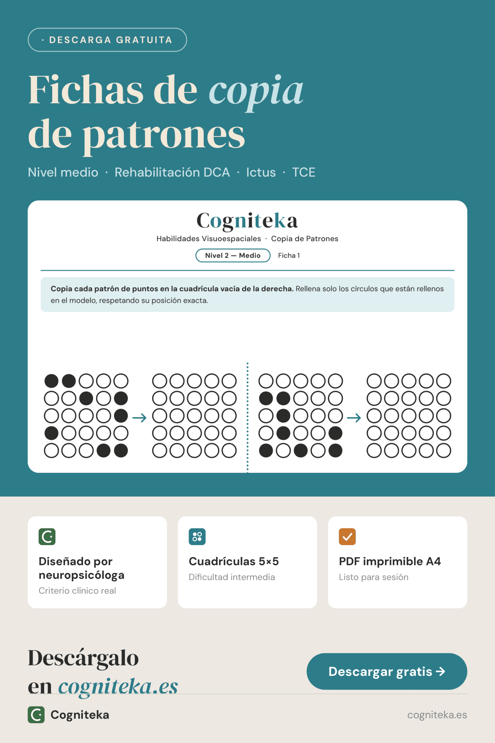 Fichas visuoespaciales para imprimir de copia de patrones nivel medio, rehabilitación tras ictus o TCE, descarga gratuita en Cogniteka