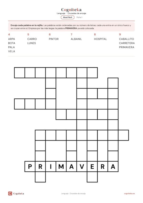 Ficha de crucigramas para adultos con lista de palabras por número de letras y rejilla de encaje en A4