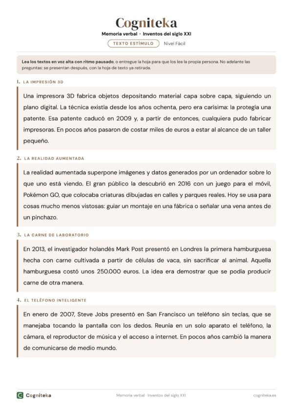 Ficha de memoria verbal para adultos con cuatro textos breves sobre inventos para leer y recordar, en A4