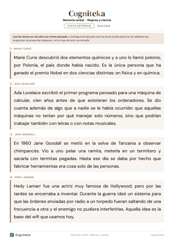 Fichas de memoria verbal con cuatro textos breves sobre mujeres científicas para leer y recordar, en A4