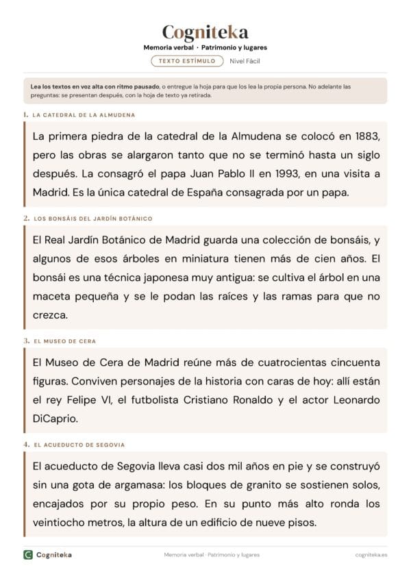 Ficha de ejercicios de memoria verbal con cuatro textos breves sobre monumentos para leer y recordar, en A4