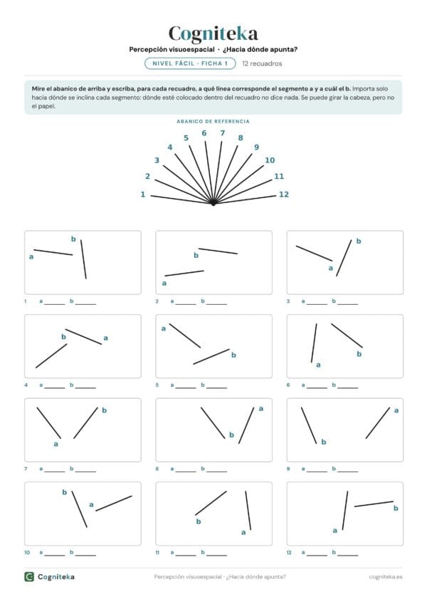 Hoja de ejercicios de percepción visuoespacial con un abanico de líneas numeradas y recuadros con segmentos para orientar, en A4