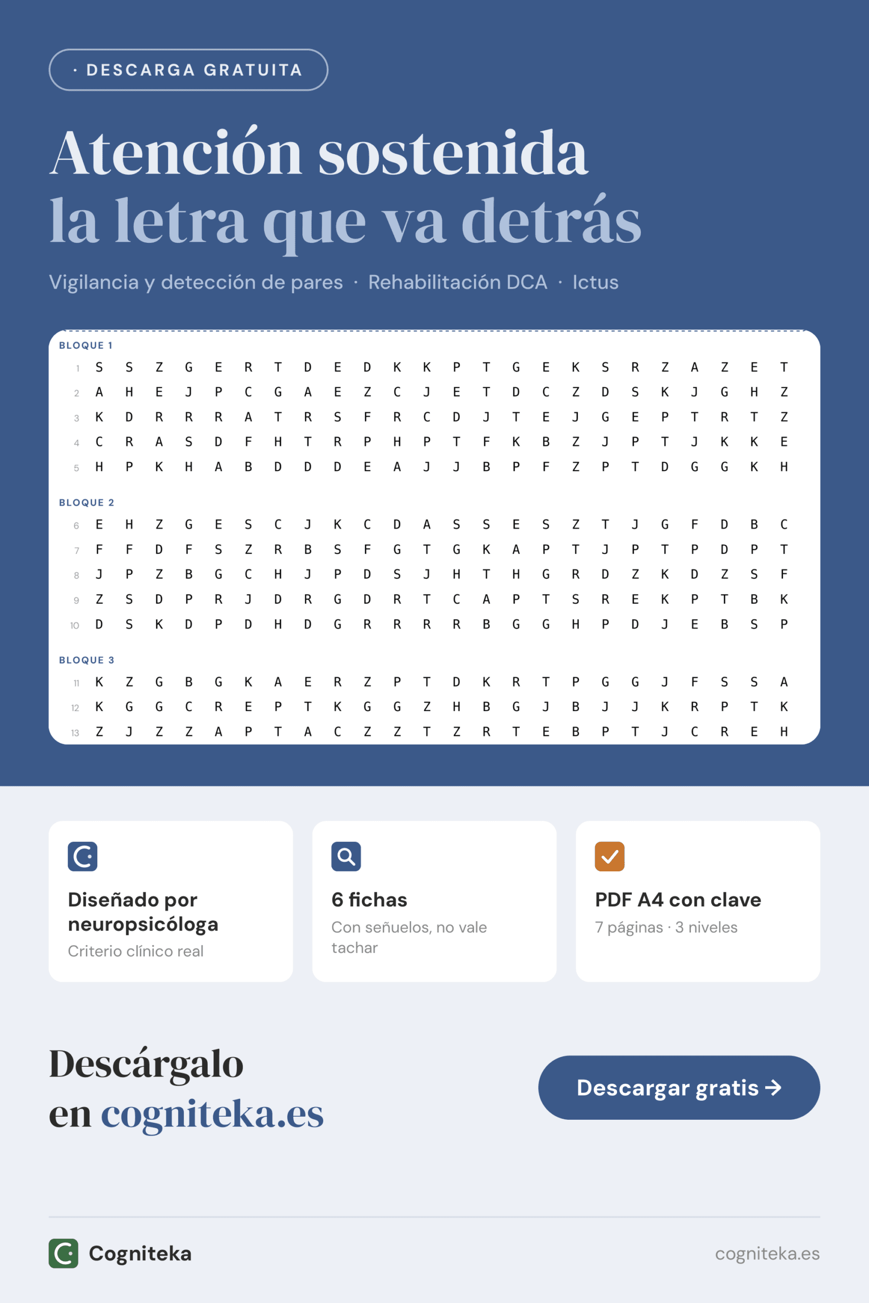 Ejercicios de atención sostenida imprimibles en PDF con cadenas de letras para detectar pares, para adultos con daño cerebral