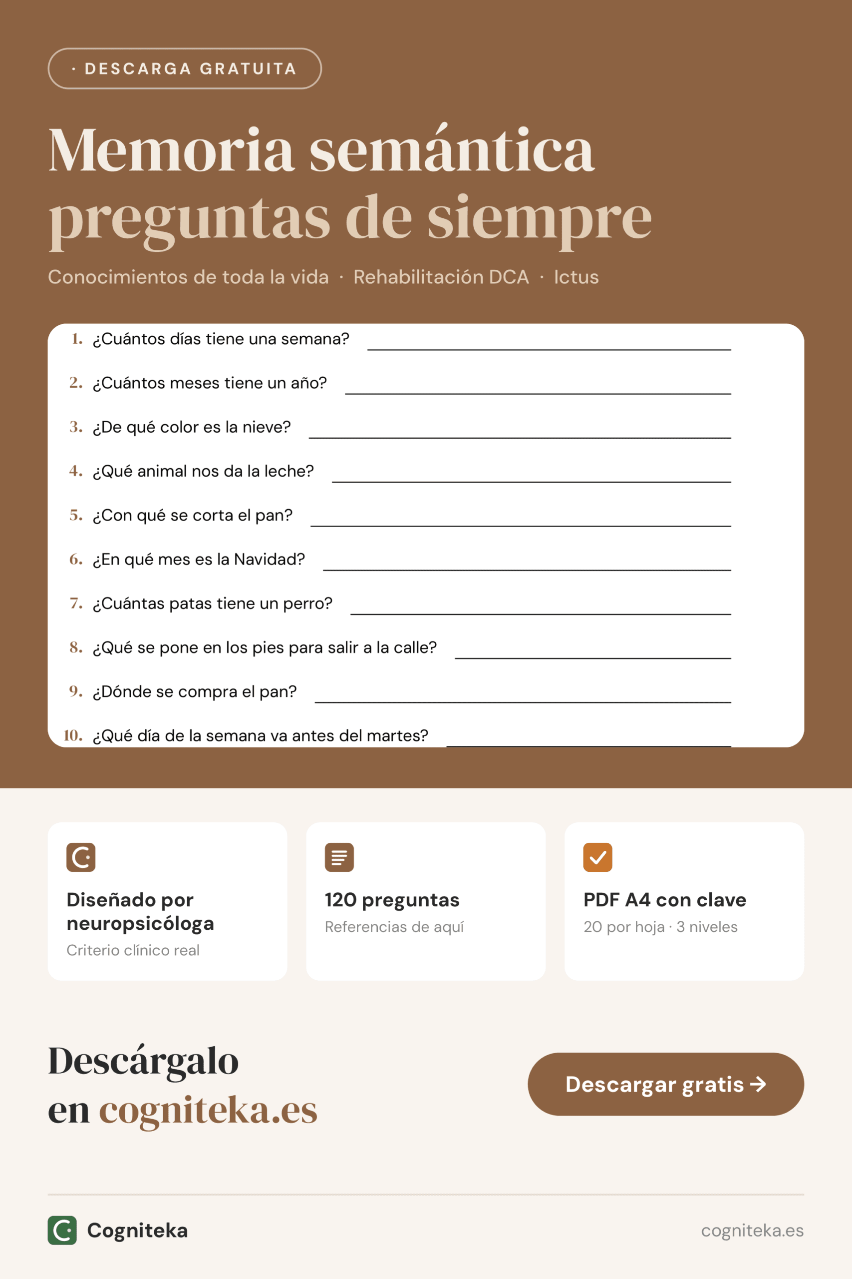 Fichas de memoria semántica imprimibles en PDF con preguntas de conocimiento general para adultos con daño cerebral