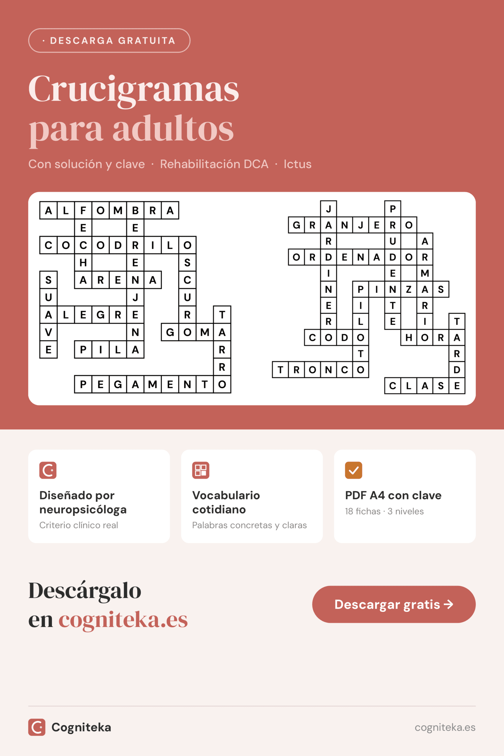 Crucigramas para adultos imprimibles en PDF con soluciones para rehabilitación del lenguaje en daño cerebral