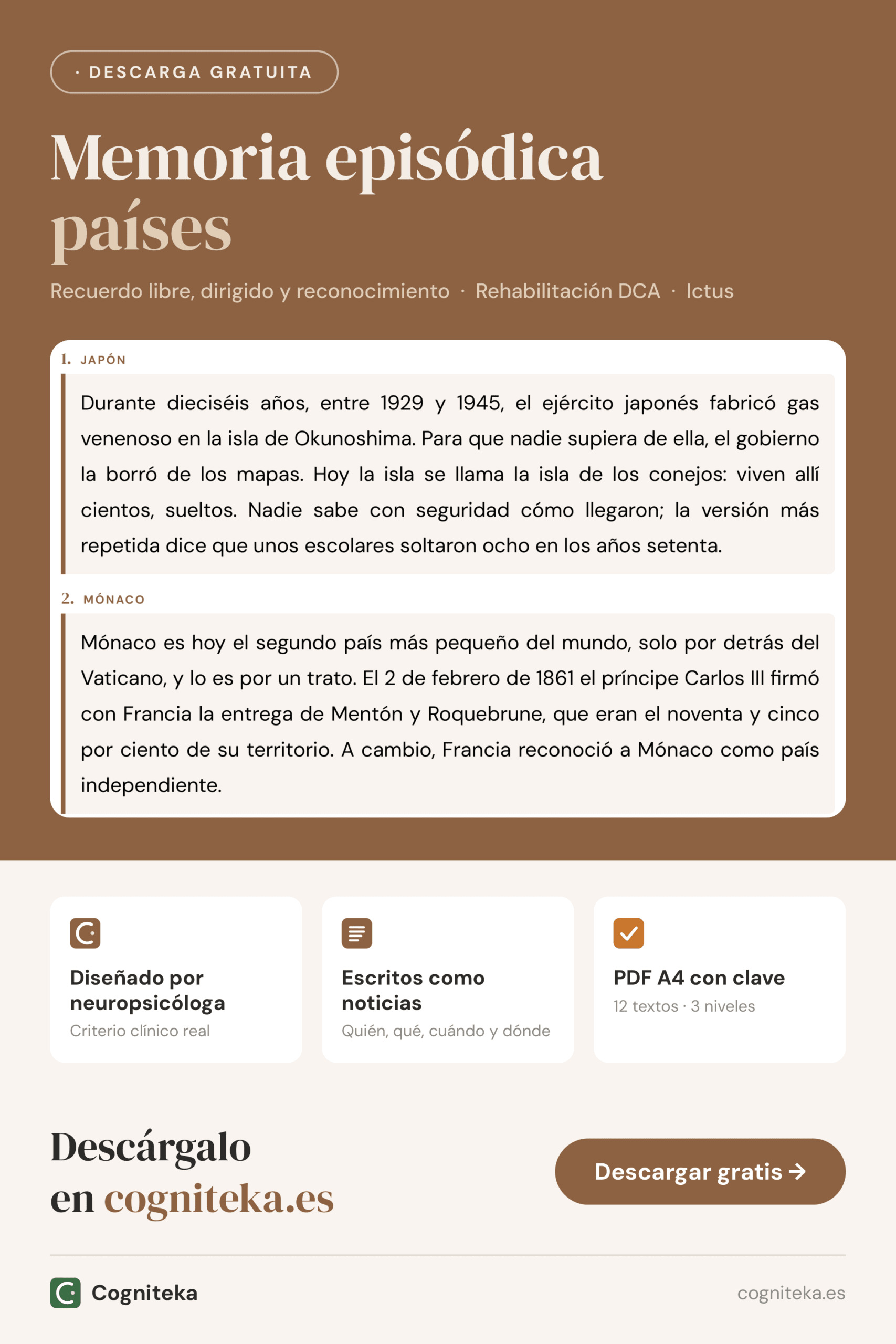 Ejercicios de memoria episódica imprimibles en PDF con textos sobre países y preguntas de recuerdo, para adultos con daño cerebral