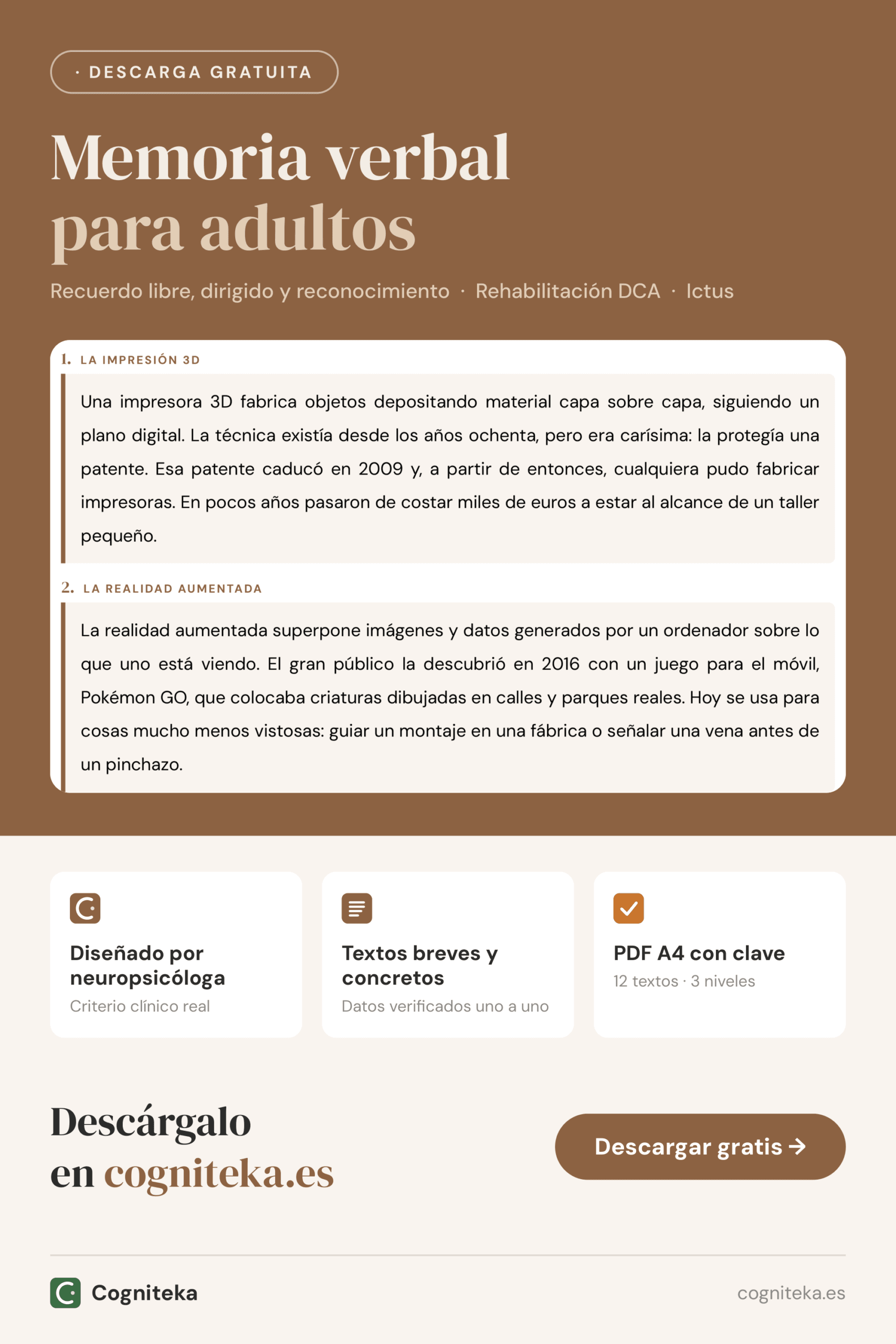 Memoria verbal para adultos: textos imprimibles en PDF con preguntas de recuerdo y reconocimiento para daño cerebral