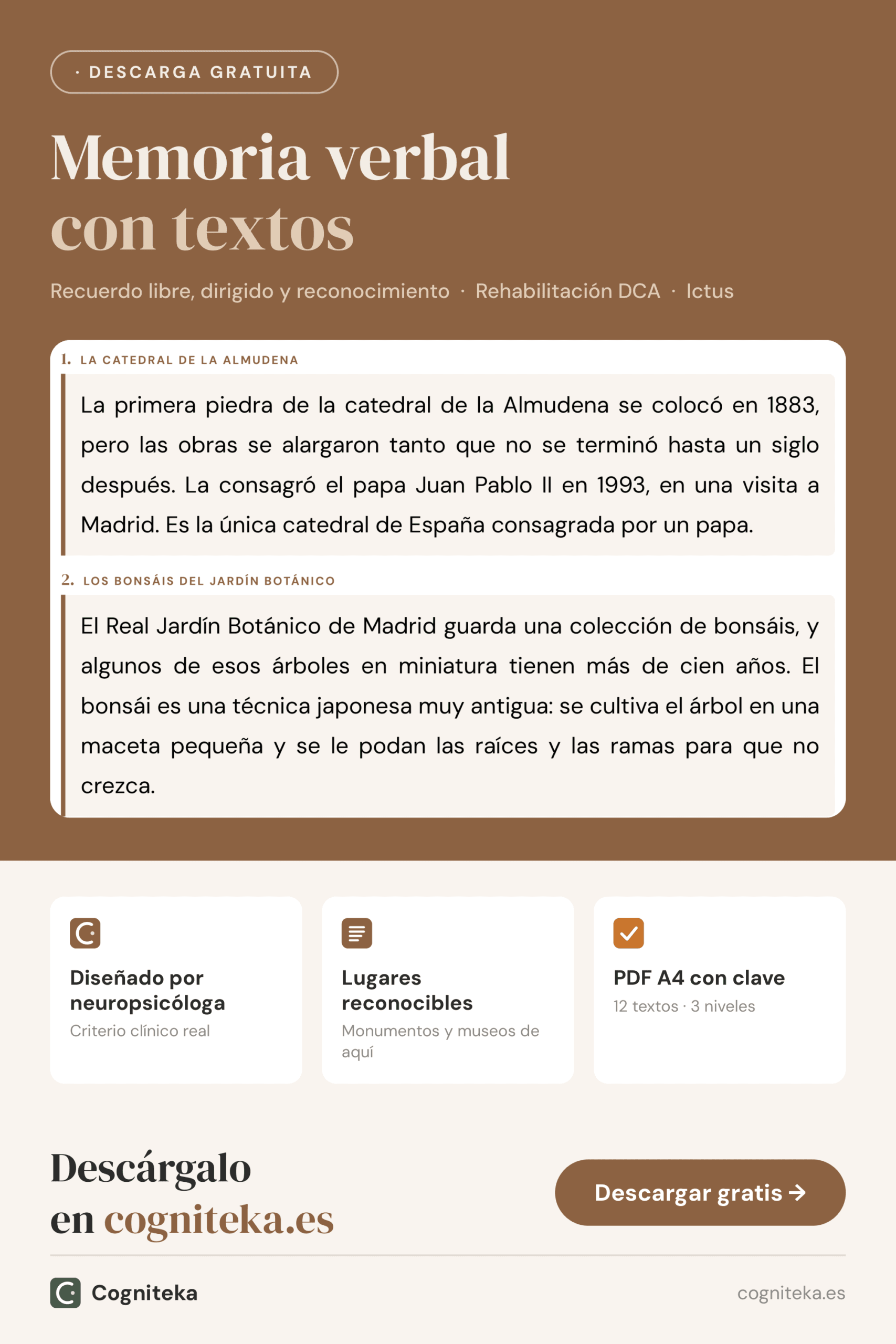 Ejercicios de memoria verbal imprimibles en PDF con textos de patrimonio, preguntas de recuerdo y reconocimiento para daño cerebral
