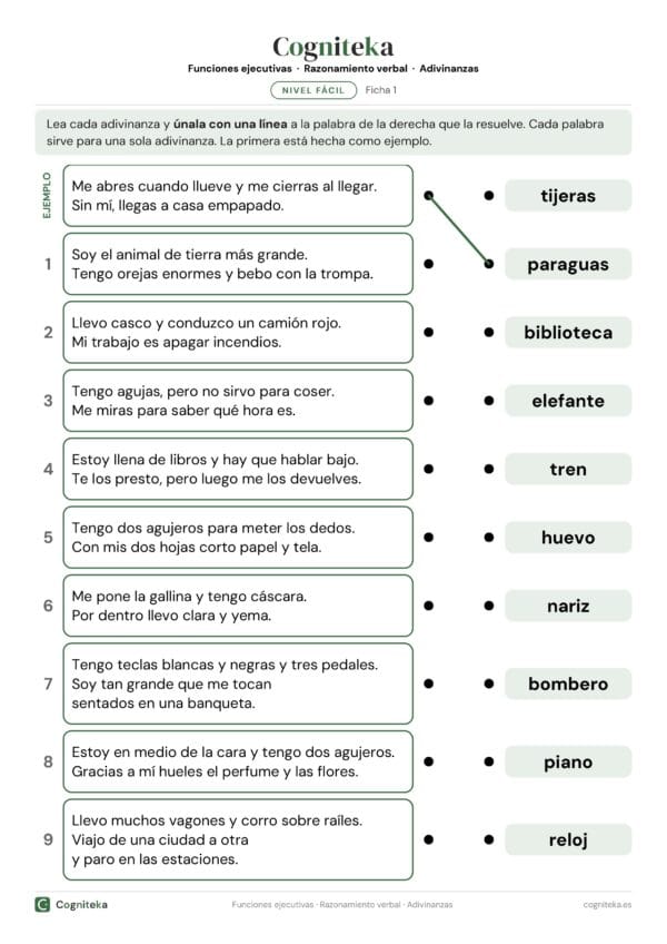 Ficha de adivinanzas para adultos: unir cada adivinanza con la palabra que la resuelve