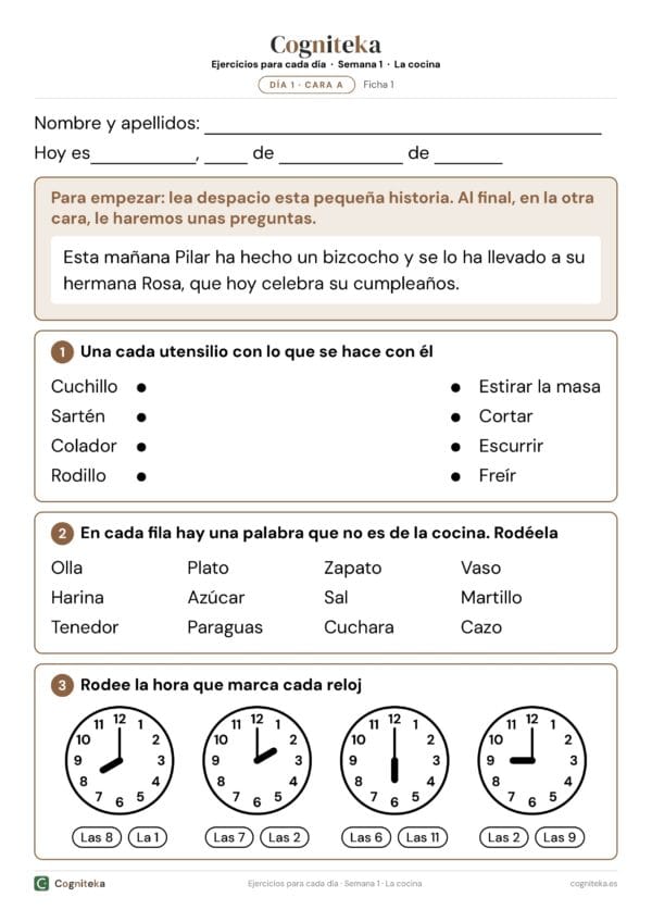 Ficha de ejercicios para alzheimer con la fecha, una pequeña historia para recordar y actividades de la cocina en letra grande